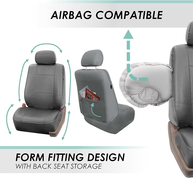 FH Group Car Seat Cover Airbag Compatible Full Set Gray Premium PU Leather - Split Bench Combo Vinyl Floor Mats Seat Covers Interior Accessories Universal Fit for Cars Trucks SUV