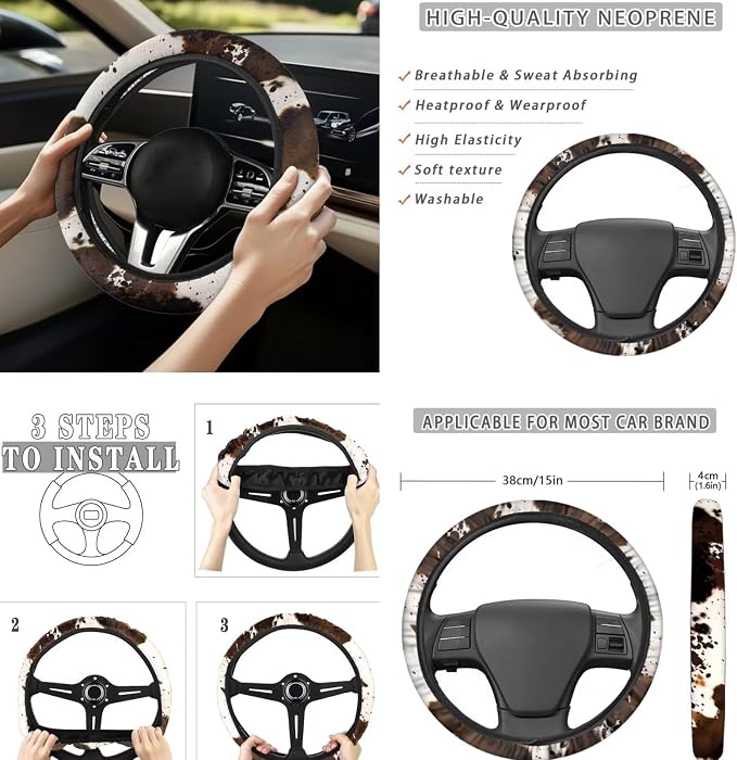 Brown Cow Print Automobile Seat Cover Set 12 Pcs Car Center Console Cover Steering Wheel Cover Auto Seat Belt Cover Decor Accessories Compatible with Most Cars,SUV