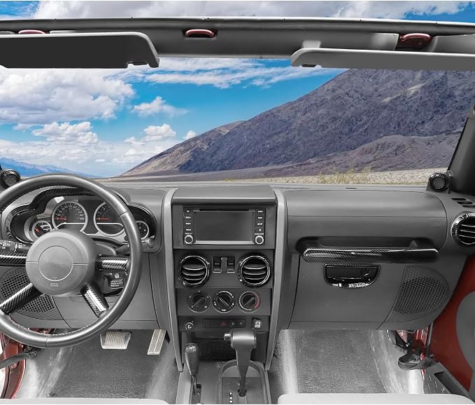 Jimen Fit for Jeep Wrangler JK JKU 2007-2010, 14PCS Interior Kits - Instrument Panel Dashboard Cover, AC Vent Ring, Passenger Grab Handle Trim, A Pillar Speaker Cover (Carbon Fiber)