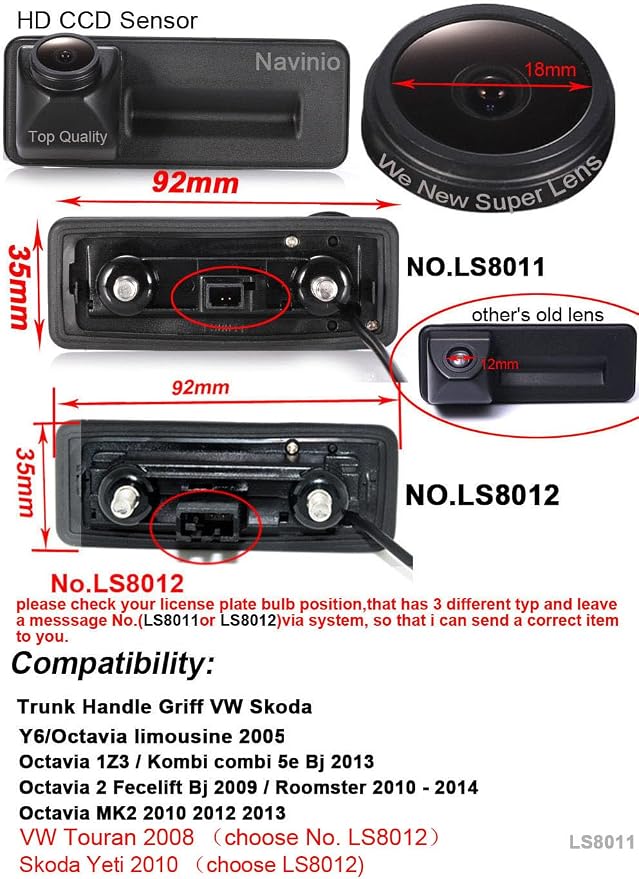 1280 * 720 Car Backup Camera Reverse Parking vehichle Camera Replacement for VW Golf Touaran Skoda Superb Yeti Fabia Octavia Kombi Combi Limousine Roomster Audi A1 Waterproof Night Vision