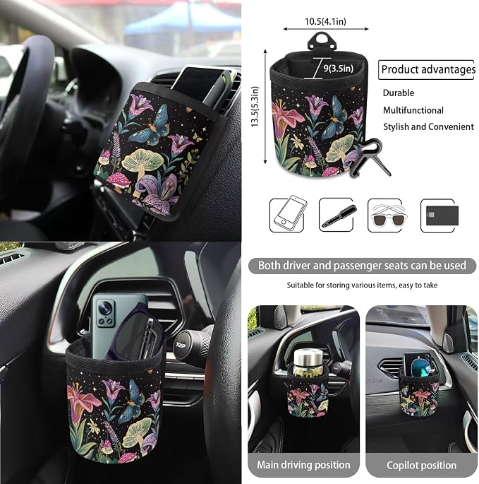 Butterfly Star Tulip Mushroom Pattern Auto Interior with Full Set Car Seat Covers Steering Wheel Cover Keychain Trash Can Seat Belt Covers Air Vent Storage Pocket Cup Holders Mirror Covers
