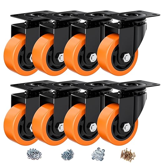 3" Swivel Plate Casters Set of 8 Heavy Duty 1000 lbs | Orange PU, Non-Marking, Quiet. 1000 Lbs/4 Casters. No Brake - Continuous Rolling. Black Rustproof Bracket. Workshop, Garage
