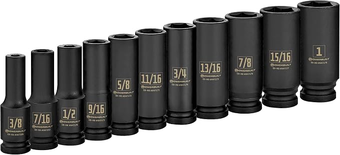 Powerbuilt 647049 1/2" Drive 6 Pt. SAE Deep Impact Socket Set, 11 Pieces , Black