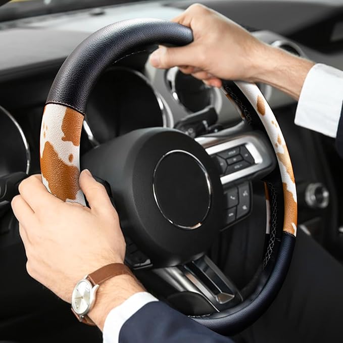 Cow Print Car Steering Wheel Covers, Breathable Microfiber Leather for Women and Men, Universal 15 inch Anti-Slip Steering Wheel Protector, Black Yellow