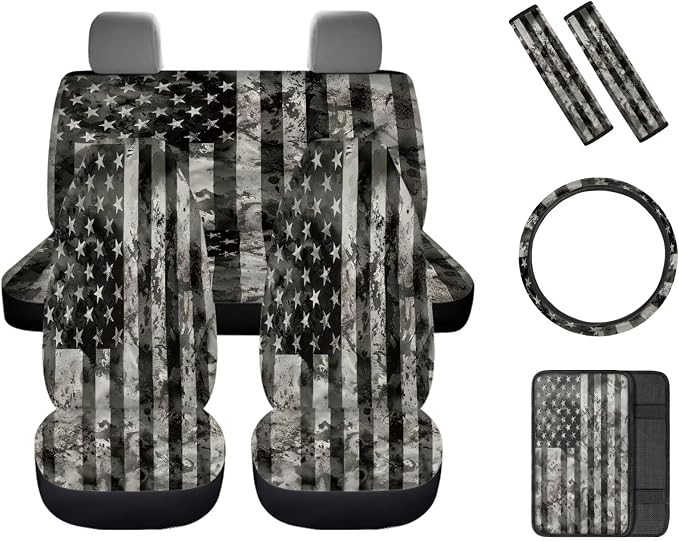 8 Pcs Retro American Flag Car Accessories Set, Car Seat Covers Full Set with Auto Steering Wheel Cover Center Console Pad Seat Belt Covers, Patriotic Decorations