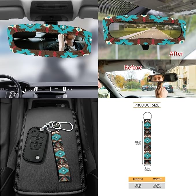 Wanyint Car Seat Cover Set 15 Pack, with Steering Wheel Seat Belt Strap Rearview Mirror Cover Garbage Cans Air Vent Pouch Coasters Keychain Auto Interior Decor, Southwest Aztec Teal Brown
