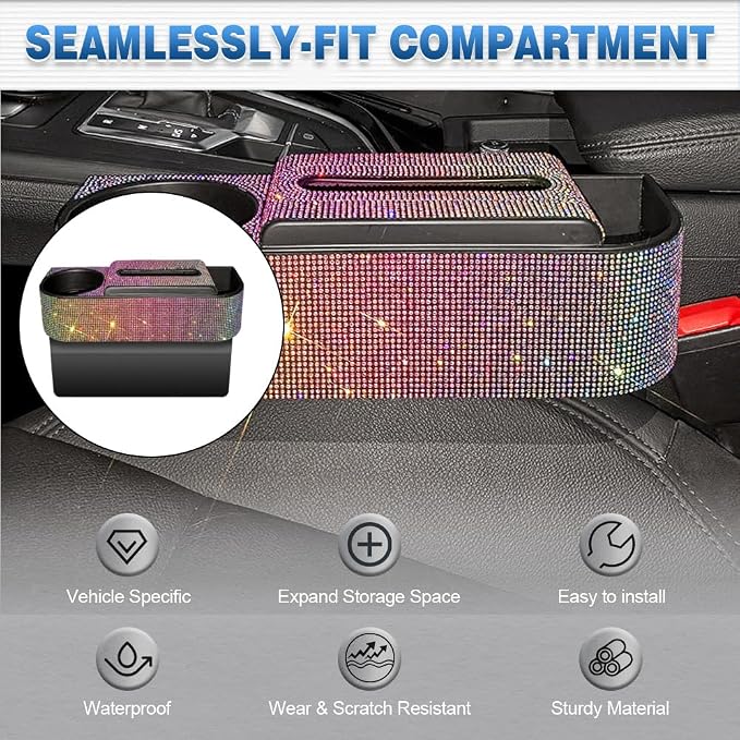 Auto Gap Filler Multifunctional Car Seat Organizer, Multi-Function Tissue Storage Box w/Cup Holder, Auto Console Side Storage Box, Multicolor Rhinestone - Multicolor