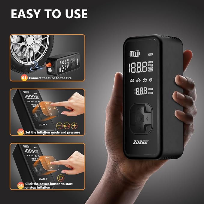 ZUZEE Tire Inflator Portable Air Compressor - 4X Faster Inflation, 150PSI Air Pump for Car Tires with Digital Pressure Gauge/LED Light, Portable Tire Inflator for Car, Moto, Bike, Ball, etc(Black)