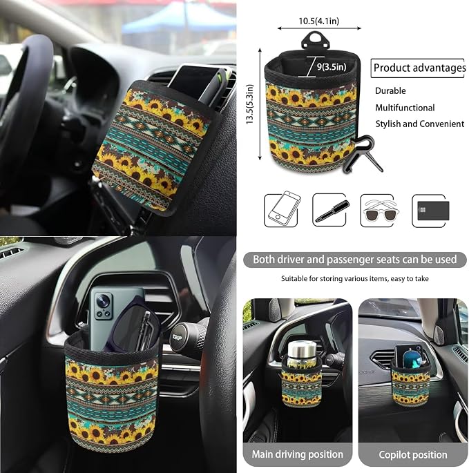 Wanyint Aztec Sunflower Blue Car Seat Cover Set 15 PCS, with Steering Wheel Cover Seat Belt Cushion Pad Garbage Bag Air Vent Pocket Rearview Mirror Cover Coasters Keychain for SUV Trucks Vans Sedans