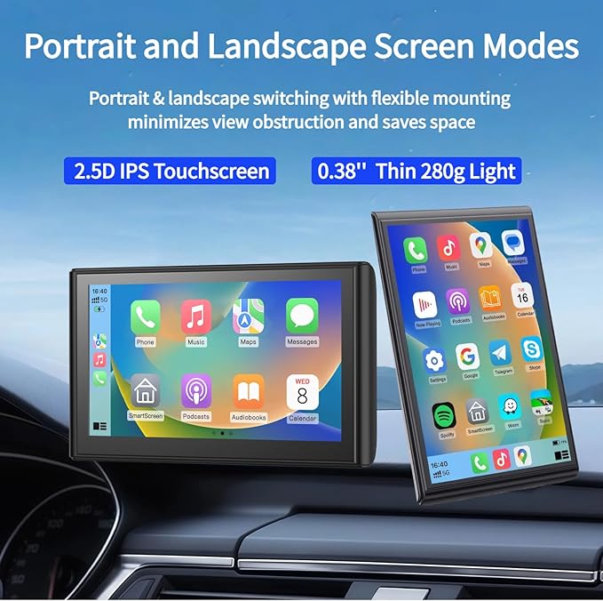 Portable CarPlay Screen for Car Wireless Car Play & Android Auto Touch Screen,7" HD,Landscape&Portrait,1080P Backup Camera GPS Navigation Music Voice Control Bluetooth AUX FM for All Vehicles