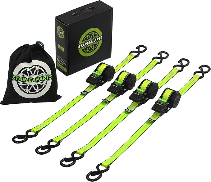 STARLEAPARTS Retractable Ratchet Straps(4PK 1.0INX12FT) - 1,500lb Break Strength, Ratchet Strap Heavy Duty with Rubber Coated Handle, Perfect Auto Ratchet Straps for Motorcycle, Kayak and Trucks