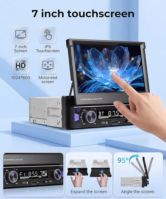 7 Inch Single DIN Flip Out Car Stereo with Wireless CarPlay & Android Auto-IPS Touchscreen, Bluetooth 5.0, Backup Camera, SWC, FM/AM Radio, Type-C Fast Charging | Universal Fit