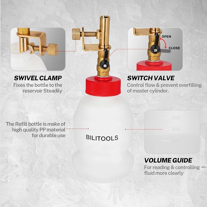 BILITOOLS 1L Brake Fluid Refilling Bottle, Master Brake Cylinder Bleeder Dispensing Automotive Tool, Universal Fit, Easy Operation for Cars, Motorcycles, ABS Systems