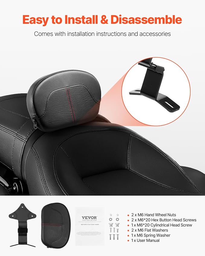 VEVOR Motorcycle Backrest Sissy Bar, Compatible With Harley-Davidson Touring Street Glide Road Glide Road King, 12.2 inch Height Detachable Rider Backrest, For Motorcycles, Black