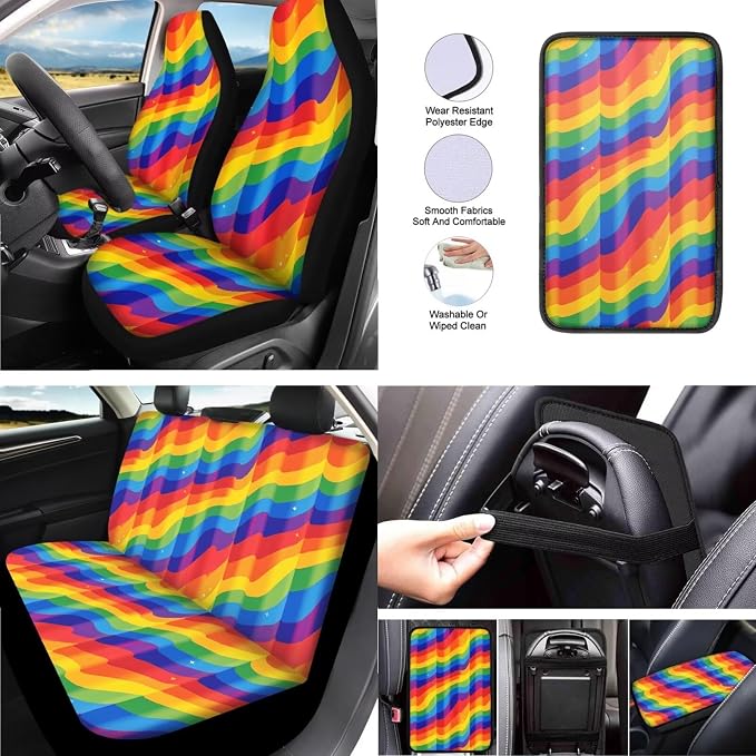 13 PCS Rainbow Flag Ripple Car Seat Covers, Colorful Ripples Polyester Fabric Front Seat Rear Cover, LGBT Gay Pride Auto Armrest Cover Headrest Cover Keychain
