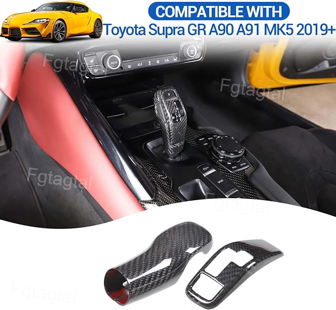 Real Carbon Fiber Gear Shift Head Cover and Front Head Cover Set Compatible with Toyota Supra GR A90 A91 MK5 2019-2026, Gear Shifter Knob Cover Protector Trim Cap 2Pcs (Black)