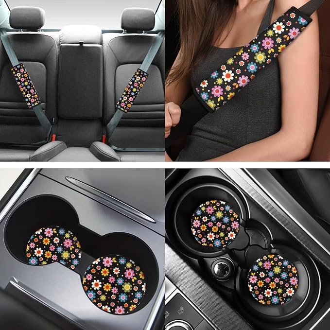 INSTANTARTS Hippie Flower 13 Piece Auto Accessories Include Front and Rear Seat Covers Steering Wheel Covers Seat Belt Covers Keychains Lipstick Covers Coasters for Trucks Vans SUV
