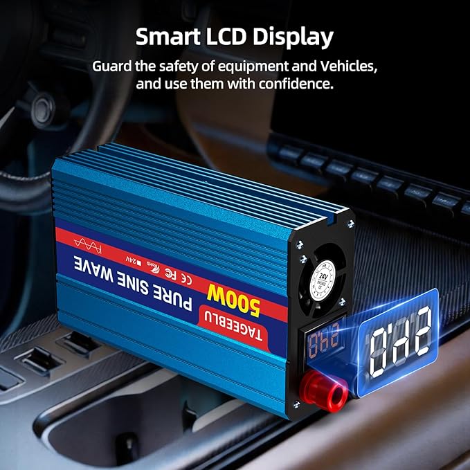 500W Pure Sine Wave Power Inverter DC 24V to 110V AC Converter with LCD Display, Battery Clamps & Cigarette Lighter Plug, Car Inverter with Dual AC Outlets for Vehicles RV Truck Camping Laptop CPAP
