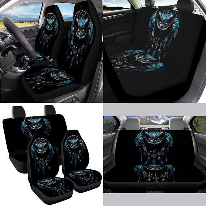 Owl Dreamcatcher Pattern Car Accessories Set of 13, Non Slip Car Seat Covers Full Set with Steering Wheel Cover, Safe Belt Shoulder Pad, Cup Coasters Universal Fit for SUV Sedan