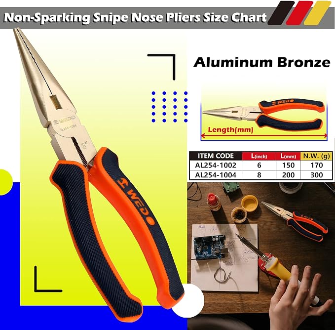 WEDO Non-Sparking Needle Nose Pliers 8", Precision Long Nose Pliers, Snipe Nose Pliers with Wire Cutters, DIN Standard, BAM & FM Certificate, Aluminum Bronze