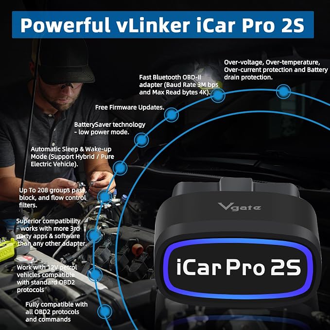 iCar Pro 2S OBD2 Bluetooth Adapter Check Engine Vehicle Code Reader Diagnostic Scanner Tools for iOS&Android and Windows Made for Electric (EV) and Hybrid Vehicles