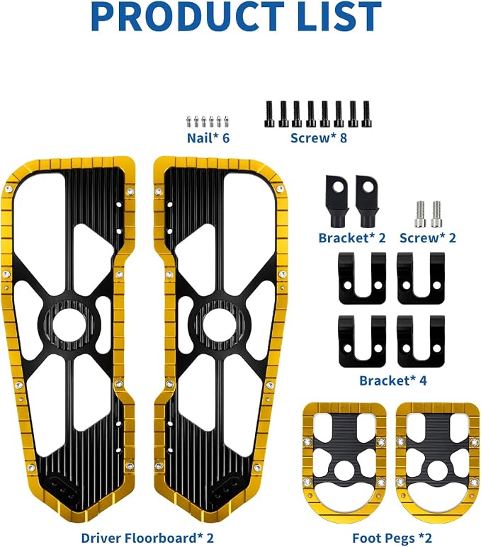 Motorcycle Floorboards Set Driver Front Footboards and Rear Passenger Foot Pegs Kit Offroad MX Style Fit for Harley Touring Road King Road Glide Electra Glide Street Glide (Yellow Edge)