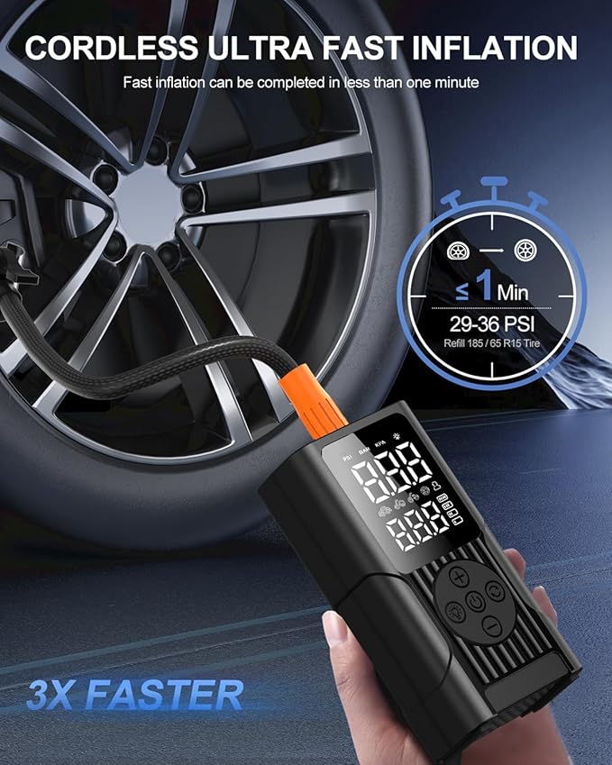 Hafuloky Tire Inflator Portable Air Compressor - 3X Faster Cordless Air Pump for Car Tires, 150PSI Electric Bike Pump with Digital Gauge & Auto Shut Off, LED Light, Power Bank