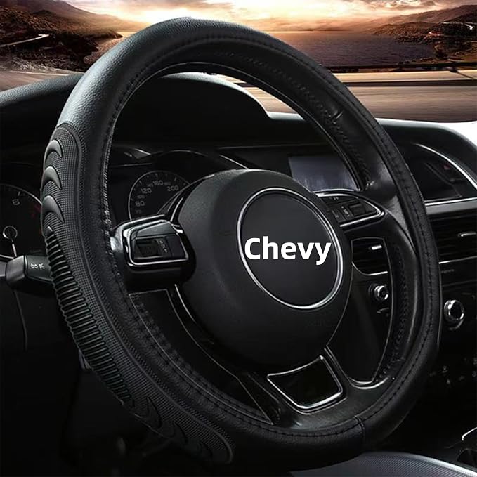 Leather Steering Wheel Cover for Chevy Silverado 1500 2500 3500, 14.5-15 inches Car Steering Wheel Cover with Anti-Slip Massage Particle (Black)