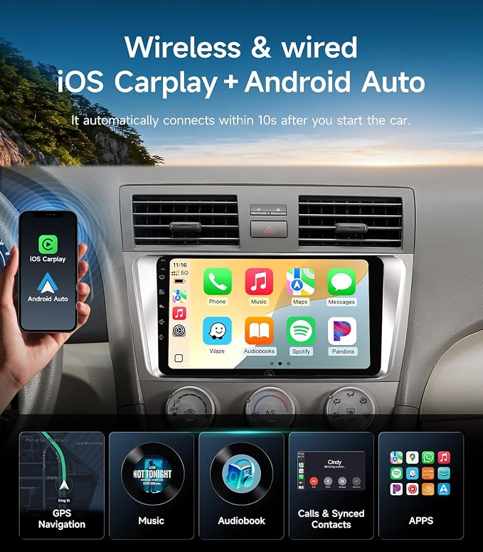 5G WiFi Android Car Stereo for Toyota Camry 2006 2007 2008 2009 2010 2011, 9 Inch IPS HD Touch Screen Car Radio Wireless CarPlay Android Auto, GPS FM/SWC Bluetooth 1080P Backup Camera
