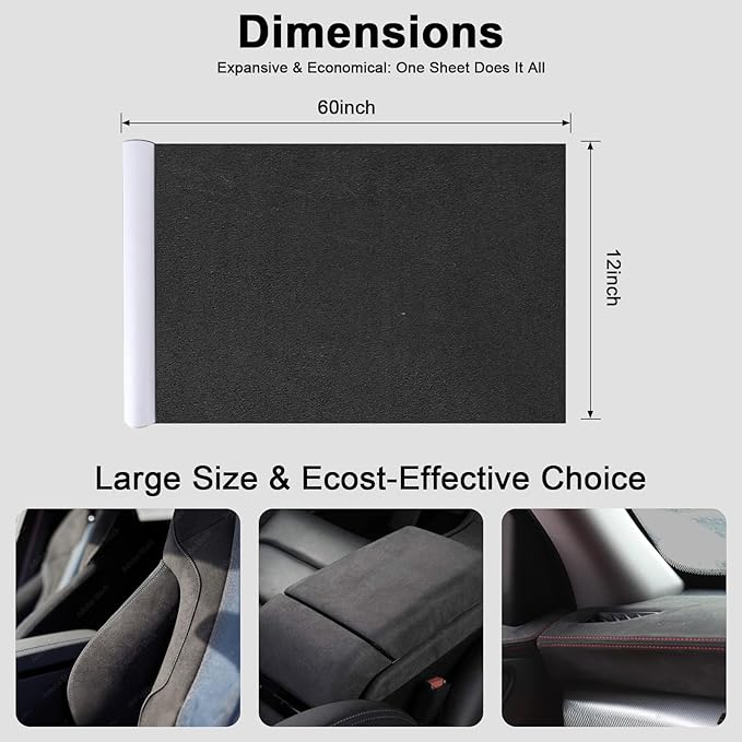 Premium Black Suede Fabric Wrap - 12x60 inch Suede Wrap for Car Interior - Self-Adhesive Microfiber and Synthetic Leather, Stretchable Interior Film for Car and Home Decor