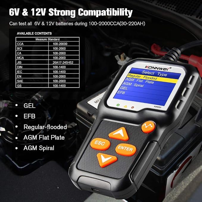 KONNWEI KW650 6V 12V Car Battery Tester, 100-2000 CCA Battery Load Tester Automotive Battery and Alternator Tester for Vehicles/Marine/Motorcycle/Lawn Mover