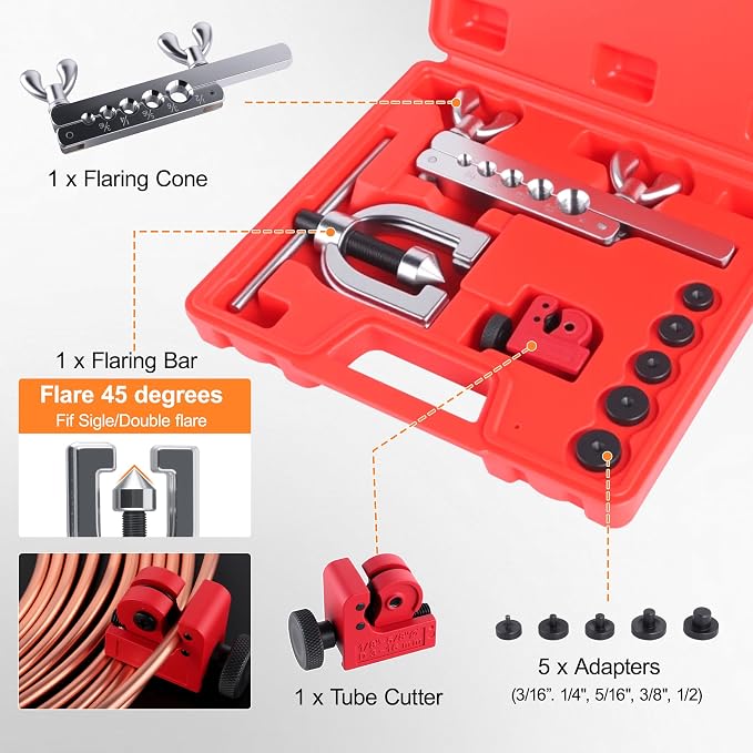 3/16" 1/4" Brake Line Repair Kit, Double & Single Brake Line Flaring Tool Kit + 2 Set 25ft 3/16" 1/4" Inch Brake Line with 100 Pcs Fittings(8 Unions Included) + Brake Line Bender