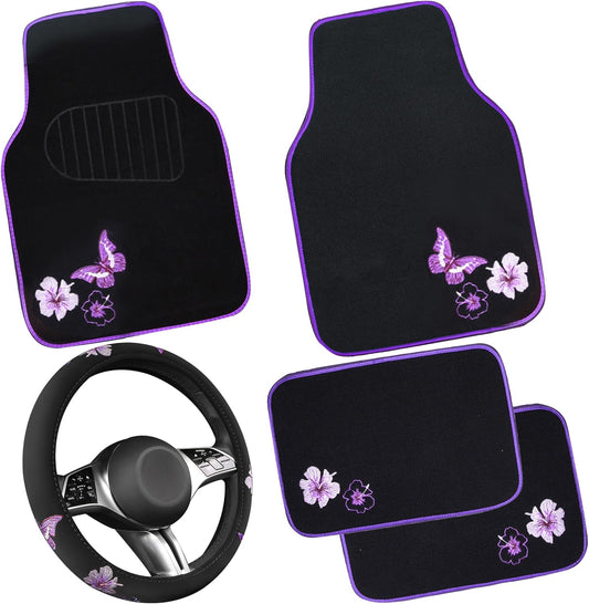 CAR PASS Butterfly Steering Wheel Cover and Waterproof Car Floor Mats,Purple Car Mats 14.5-15inch Steering Wheel Covers Universal Fit for Suvs,Sedans Cars,for Women Girl(Black and Purple)