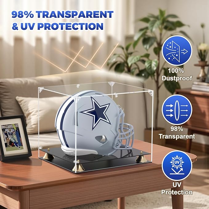 KOLIPI Football Helmet Display Case, Full Size Clear Acrylic Case Display for Football Baseball Motorcycle Helmet, Self-Assembly Showcase with Double Layer Base, Protector for Signed Memorabilia