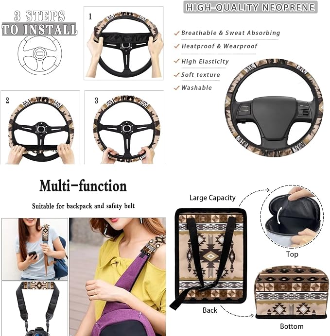 XYZCANDO Aztec Tribe Car Interior Sets 15 PCS Car Seat Cover Set Steering Wheel Cover Storage Box Garbage Bag Seat Belt Pads Cover Car Rear View Mirror Cover Coasters Keychain for Sedans Van SUV
