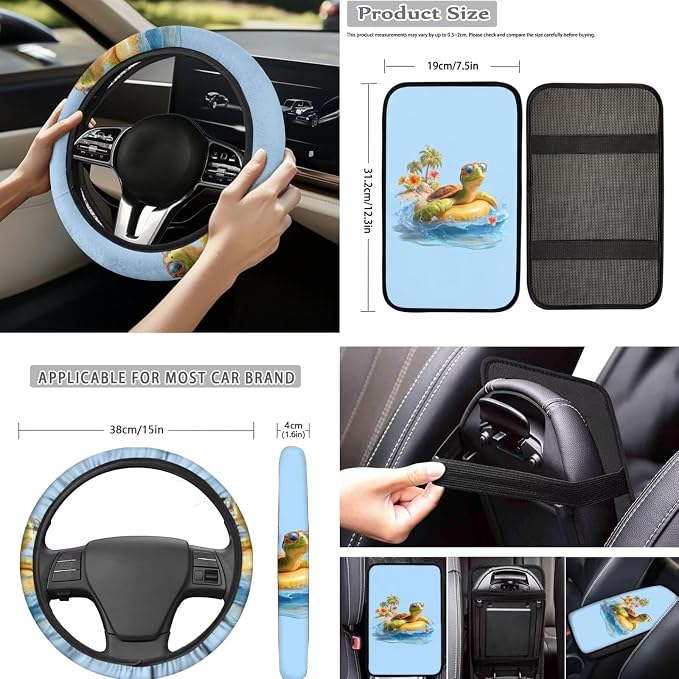 Forchrinse 15Pack Car Accessories Set Hawaiian Sea Turtle Car Seat Cover Full Set+Steering Wheel Cover+Car Trash Can+Seatbelt Cover+Coaster+Keychain