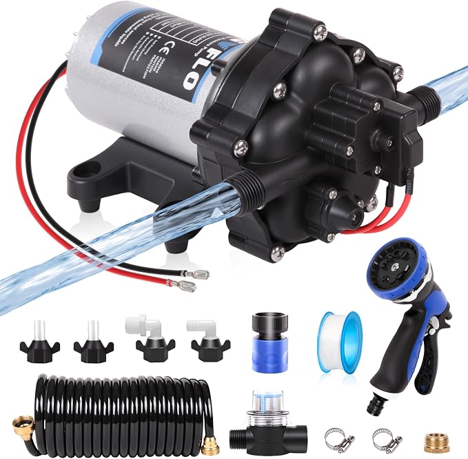 Upgrade 12V 80PSI7.5GPM RV Fresh Washdown Pump Kit Boat Washdown Pump,Five Chamber Self-Priming Diaphragm Pump with Heavy Duty Pressure Switch & Strainer for Boats, Marine, Yacht, Caravan, Camper