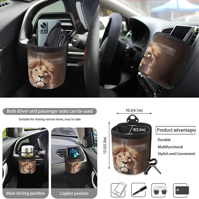 Lion Cross Print 10 Pack Car Accessories, Front and Rear Seat Covers Car Trash Bin Cup Holders Lanyard Keychain Air Vent Storage Bag Steering Wheel Cover Car Interior Decor Fit Most Cars