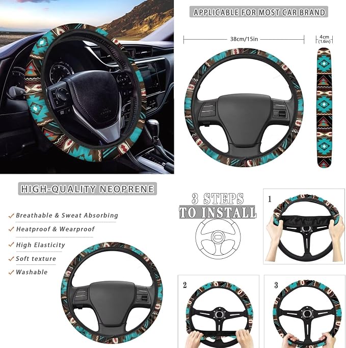 Wanyint Car Seat Cover Set 11 PCS for Men Women, with Soft Breathable Steering Wheel Headrest Cover Handbrake Gear Shift Knob Cover Coasters, Southwest Aztec Teal Brown