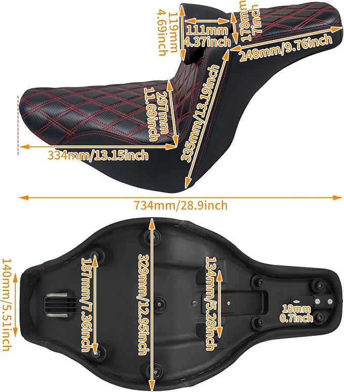 Motorcycles Driver Passenger Seat Cushion Pad One-Piece Seat Leather Pillion with Driver Backrest Fit for Harley Low Rider FXLR FXLRS Sport Glide FLSB 2018-2024 (Red Stitching)