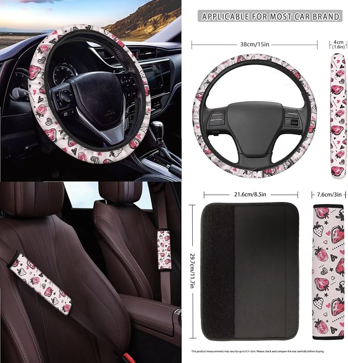 Strawberry Print Car Interior Covers Full Set 15Pcs Universal Car Front and Rear Seat Covers with Steering Wheel Cover Safety Belt Pads Inside Rearview Mirror Cover Cup Mats