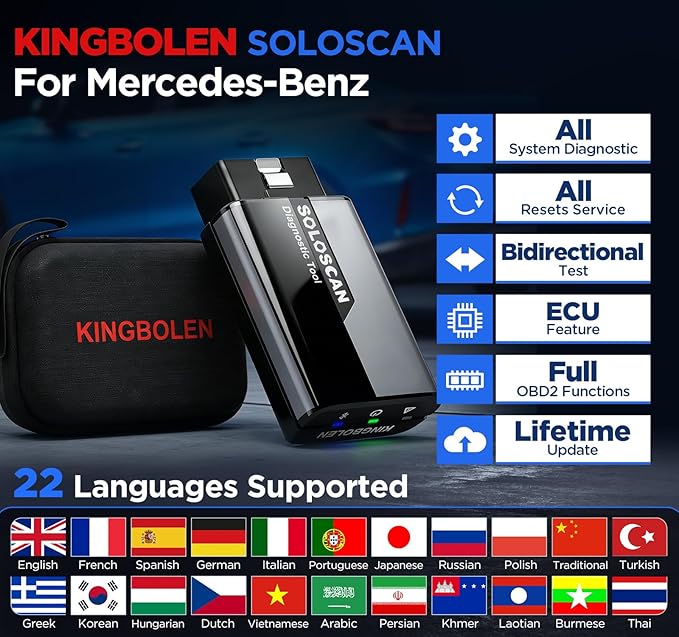 KINGBOLEN SOLOSCAN Bluetooth OBD2 Scanner for Mercedes-Benz MB (A/C/E/S/G/More), Maybach Bidirectional Scan Tool, All System Diagnostic, All Reset Service, Auto VIN, Lifetime Update for iOS & Android