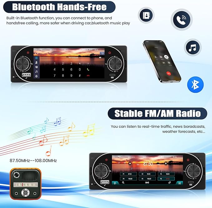 Single Din Touchscreen Car Stereo with Wireless Carplay&Android Auto,5.1" Car Radio MP5 Player with Bluetooth FM Radio EQ Car Audio with USB/Type-C SWC+Backup Camera