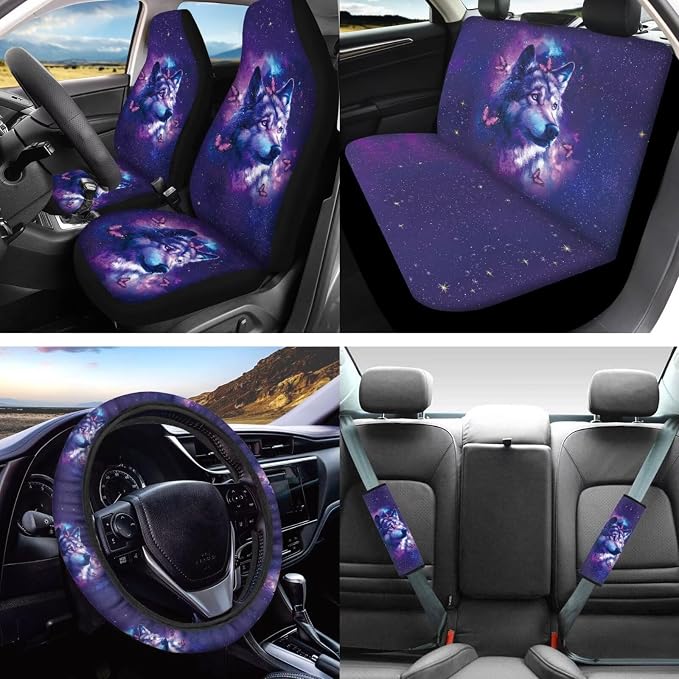 Lotusorchid Wolf Print Seat Covers for Cars Full Set, Butterfly Printed Auto Seat Covers Seatbelt Cover and Armrest Cover for Car, Decorative Automobile Interior Sets for Men Women