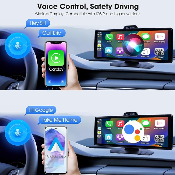 Haudio 9.3” Portable Wireless CarPlay Touch Screen, Plug & Play CarPlay Screen for Car, Apple CarPlay & Android Auto, 1080P Backup Camera, Voice Control, Bluetooth, GPS Navigation, No Installation