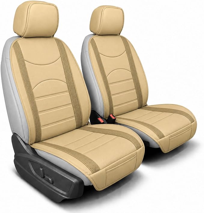 FH Group Front Set Faux Leather Car Seat Cushions for Low Back Seat, Universal Fit, Airbag Compatible Seat Cover for SUV, Sedan, Beige Tan