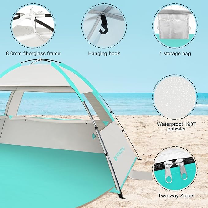 Venustas Beach Tent Sun Shelter for 3/4/6/8 Person, UPF 50+ UV Protection Beach Canopy, Lightweight and Easy Setup Cabana, Portable Shade Tent