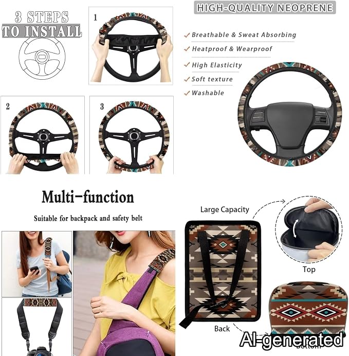 Dreaweet Geometric Aztec Car Seat Covers Full Set 15 Pcs Native American Tribal Seat Covers with Steering Wheel Cover Seat Belt Pads Trash Bag Air Vent Pouch Rear View Mirror Cover Coasters Keychain