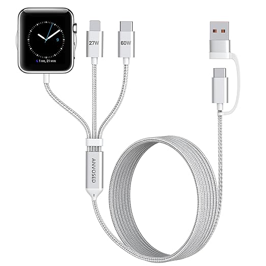 60W Fast Charging Cable for Apple Watch Charger, 6-in-1 Portable Multi Charging Cable for iPhone, Apple Watch Series 1–11/SE/Ultra, Travel Essentials