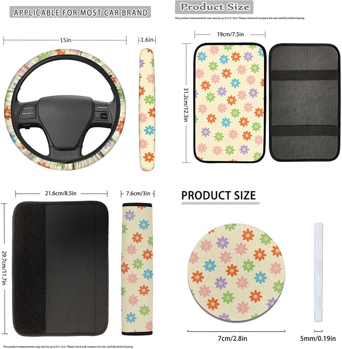 Vintage Groovy Rainbow Flower Car Seat Covers Full Set,Floral Cute Steering Wheel Cover Universal 15Inch,Armrest Pad Key,Seatbelt Pad,Coasters,12Pcs Aesthetic Hippie Car Interior Set for Women